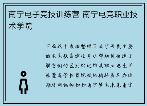 南宁电子竞技训练营 南宁电竞职业技术学院