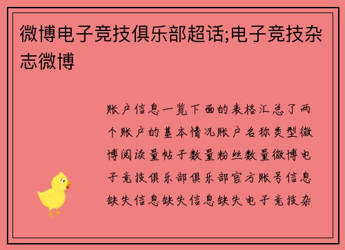 微博电子竞技俱乐部超话;电子竞技杂志微博